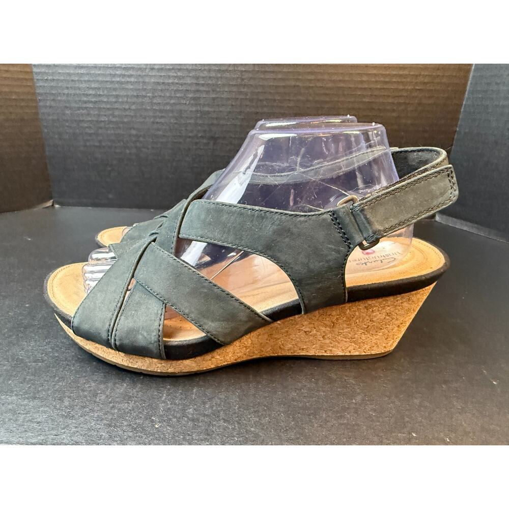 Clarks Unstructured Womens Size 10 M Capri Step Black Nubuck Strap Wedges